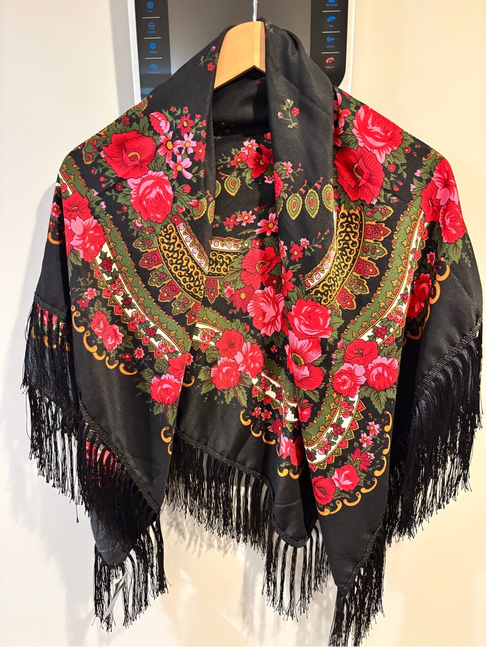 Black Floral Fringe Shawl Scarf with Red Rose Print